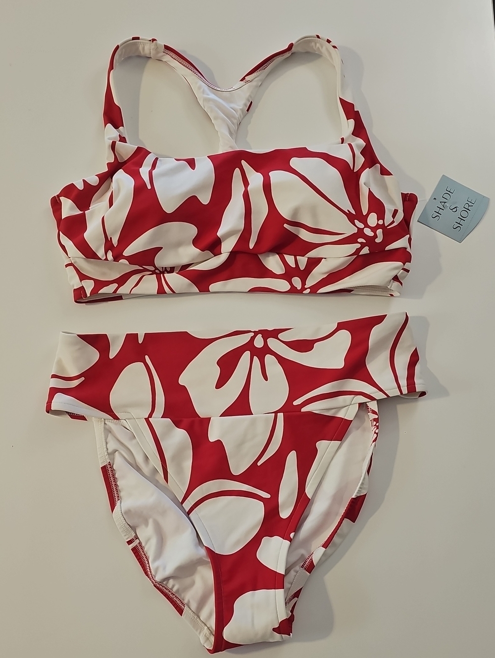 Shade & Shore Women's L/XL Red and White Floral Bikini Set